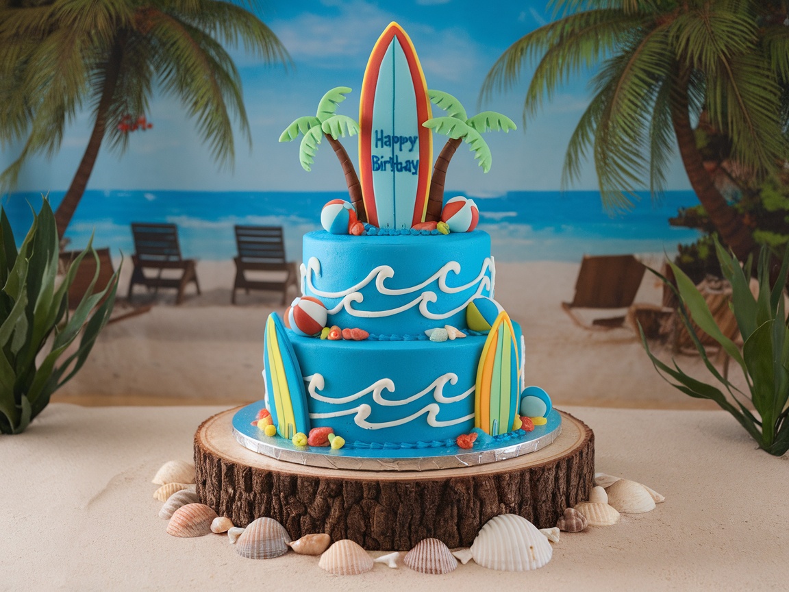 Surf Themed Birthday Cake Recipe A colorful surf themed birthday cake with waves and surfboard decorations, perfect for a summer celebration.